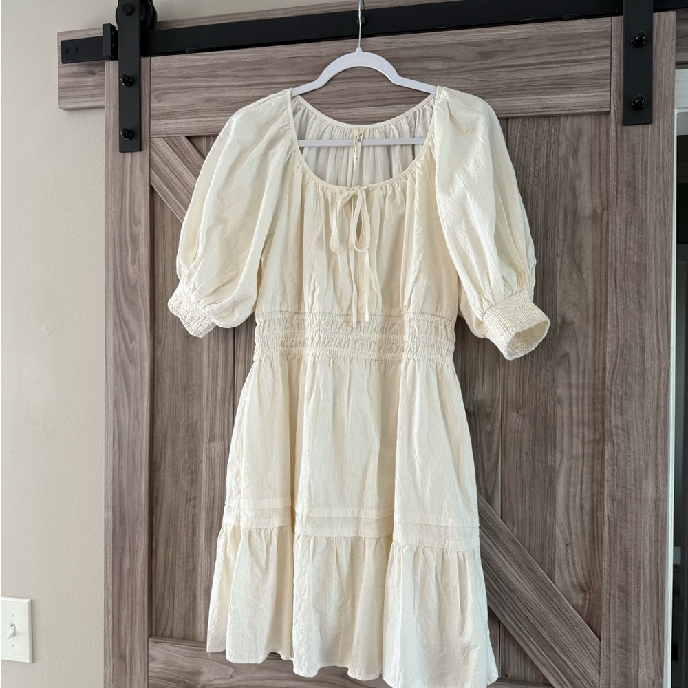 Anthropologie Cream Smocked Bodice Tiered Mini Dress